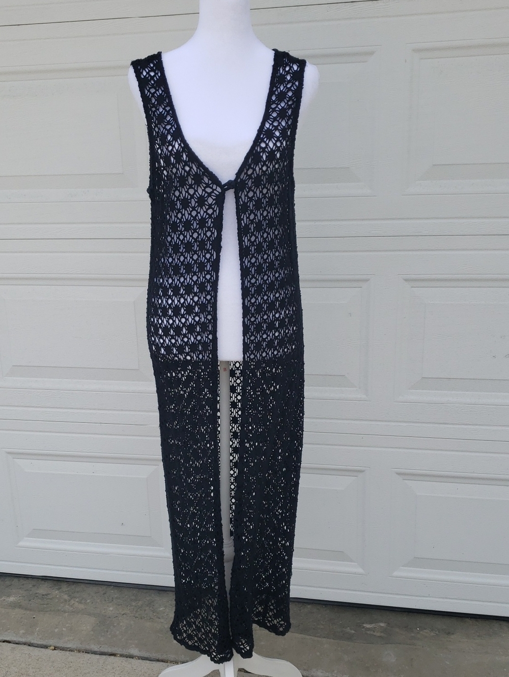 Vintage Open Knit Longline One Button Cover Up Cardigan Black Beachy Whimsigoth